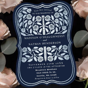 Blue Royal Mediaeval Silver Sword Wedding Invitation