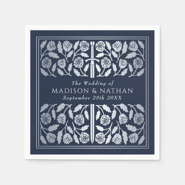 Blue Royal Mediaeval Silver Sword Wedding Napkin (Front)