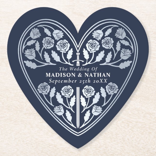 Blue Royal Mediaeval Silver Sword Wedding Paper Coaster (Front)