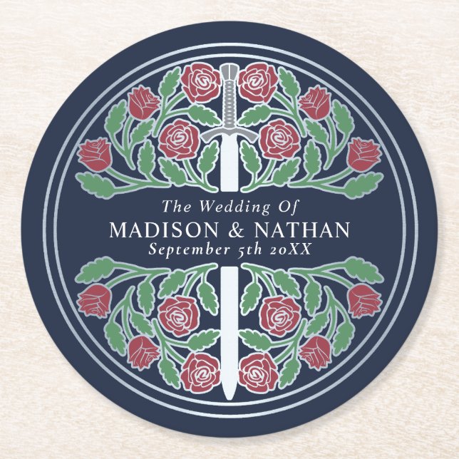 Blue Royal Mediaeval Silver Sword Wedding Round Paper Coaster (Front)