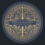 Blue Royal Mediaeval Sword Wedding Classic Round Sticker<br><div class="desc">Celebrate your special day with this Royal Mediaeval Sword Wedding design. The design on the back of the invite is NOT real gold foil. You can customise this further by clicking on the "PERSONALIZE" button.</div>