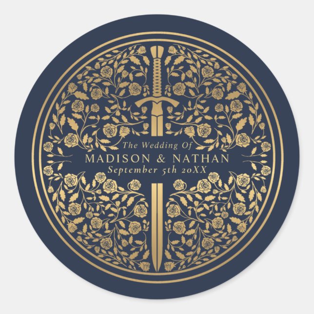 Blue Royal Mediaeval Sword Wedding Classic Round Sticker (Front)