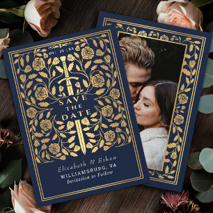 Blue Royal Mediaeval Sword Wedding Photo Save The Date
