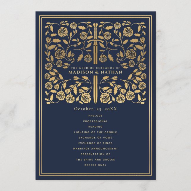 Blue Royal Mediaeval Sword Wedding Program (Front)