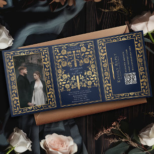 Blue Royal Mediaeval Sword Wedding QR Code Tri-Fold Invitation
