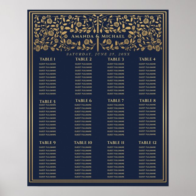 Blue Royal Mediaeval Sword Wedding Seating Chart (Front)