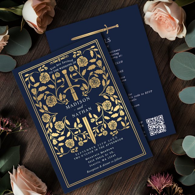 Blue Royal Medieval Gold Sword Wedding QR Code Invitation (Creator Uploaded)