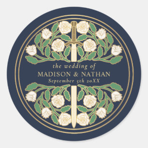 Blue Royal Medieval White Floral Sword Wedding  Classic Round Sticker