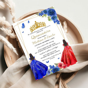 Blue Royal & Red Butterfly Twin Quinceanera Invitation
