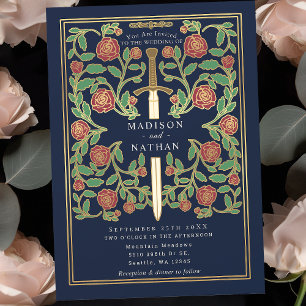 Blue Royal Sword Floral Mediaeval Fantasy Wedding Invitation