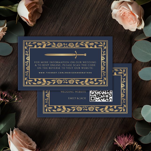 Blue Royal Sword Wedding Website RSVP QR Code  Enclosure Card (Creator Uploaded)
