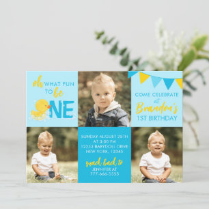 Blue Rubber Duck 3 Photo Birthday Invitation