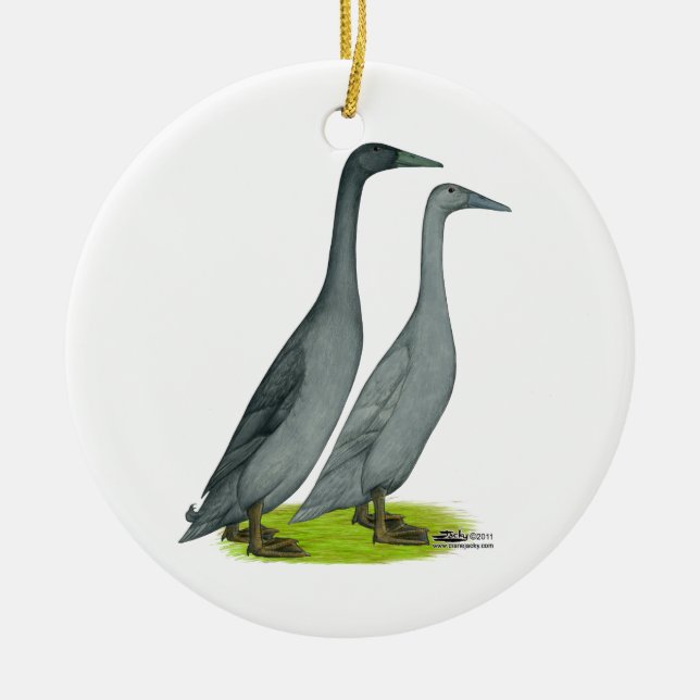 Blue Runner Ducks Ceramic Tree Decoration (Front)