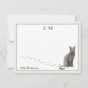 Blue Russian Cat Gray Border Monogram and Name Card