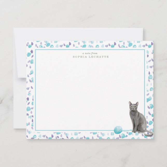 Blue Russian Cat Personalised Stationery Card (Front)