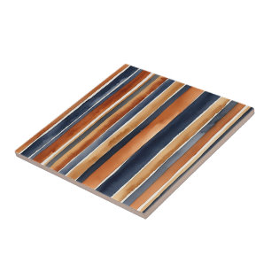 Blue rust and beige watercolor stripes ceramic tile