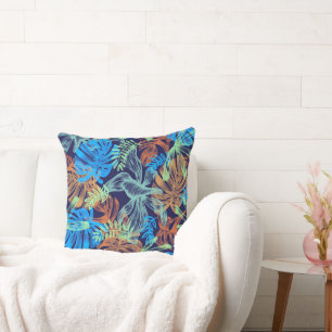 Blue & Rust Banana Leaf Motif Throw Pillow