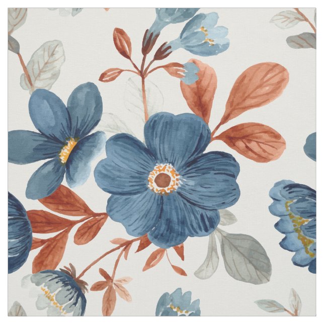 Blue Rust Burnt Orange Watercolor Flowers White Fabric (Swatch)