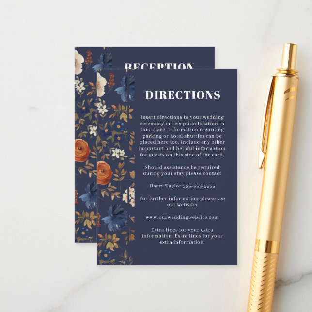 Blue Rust Floral Reception Directions Wedding Enclosure Card (Front/Back In Situ)