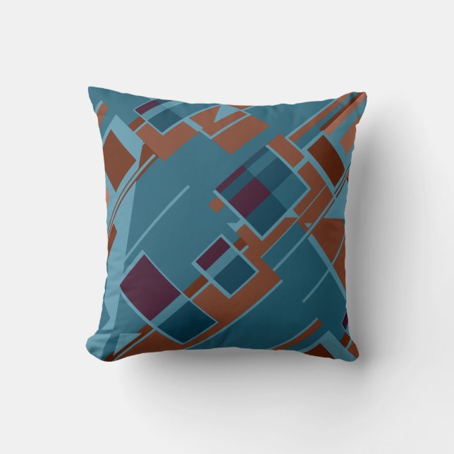 Blue Rust Tan Burgundy Diagonal Art MCM Look Motif Cushion (Front)