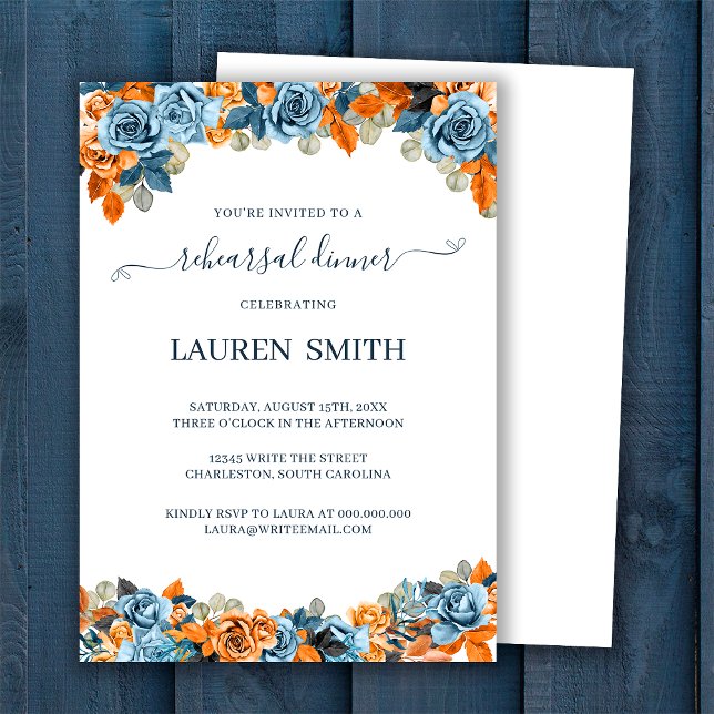 Blue Rust Terracota Fall Wedding Rehearsal Dinner Invitation (Creator Uploaded)