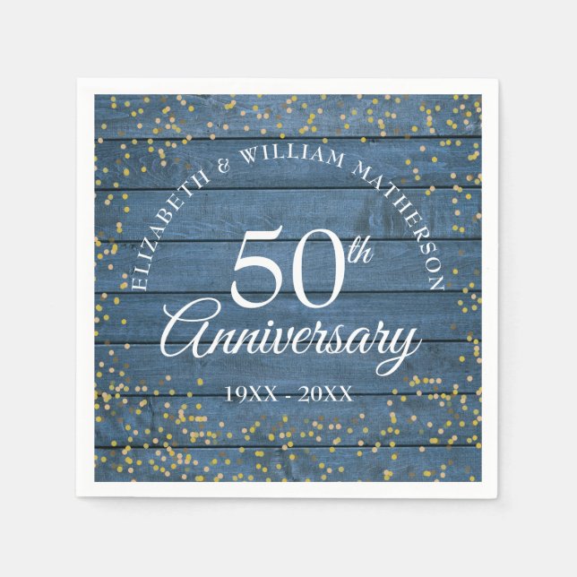 Blue Rustic 50th Anniversary Gold Dust Confetti Napkin (Front)
