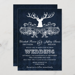 Blue Rustic Antler Deer Woodland Wedding Invitation