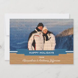 Blue Rustic Banner Holiday Photo Flat Card