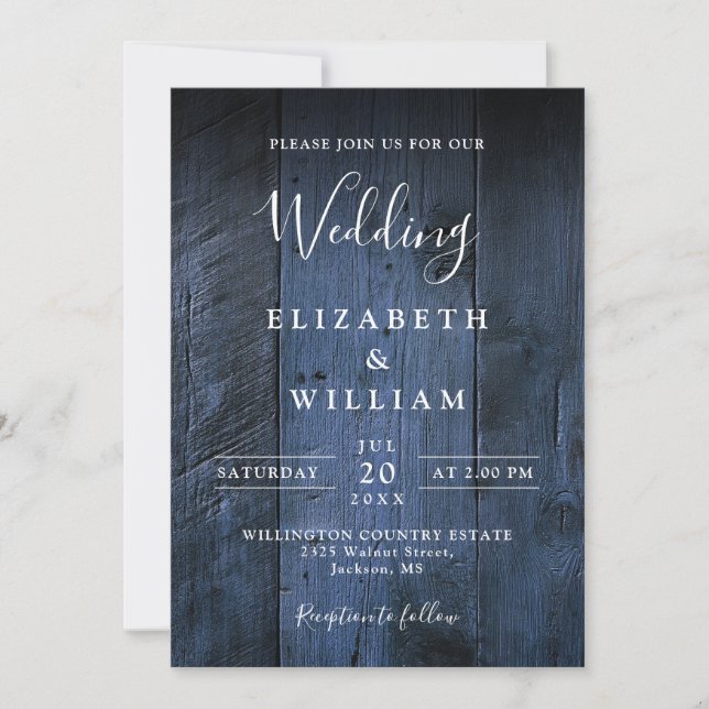 Blue Rustic Barn Wood All In One Wedding Invitation (Front)