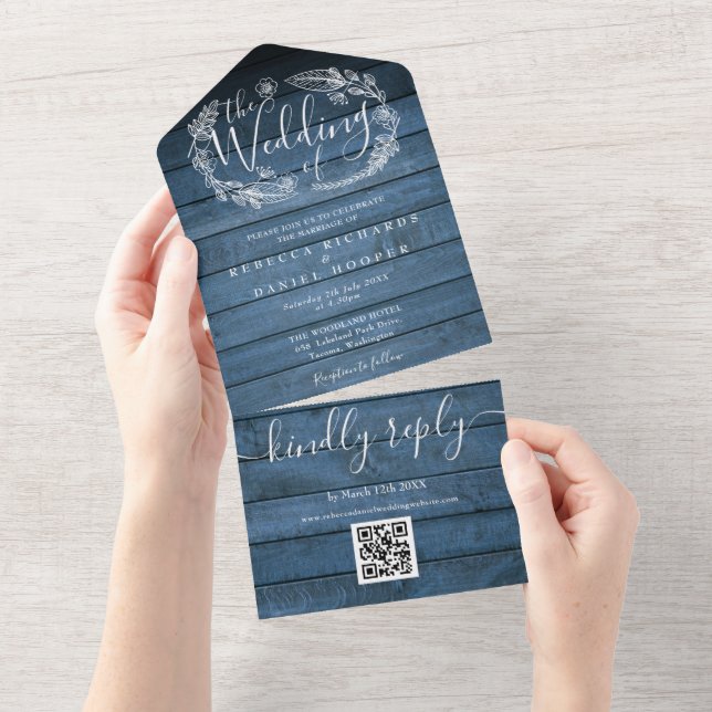 Blue Rustic Barn Wood QR Code Floral Wedding All In One Invitation (Tearaway)