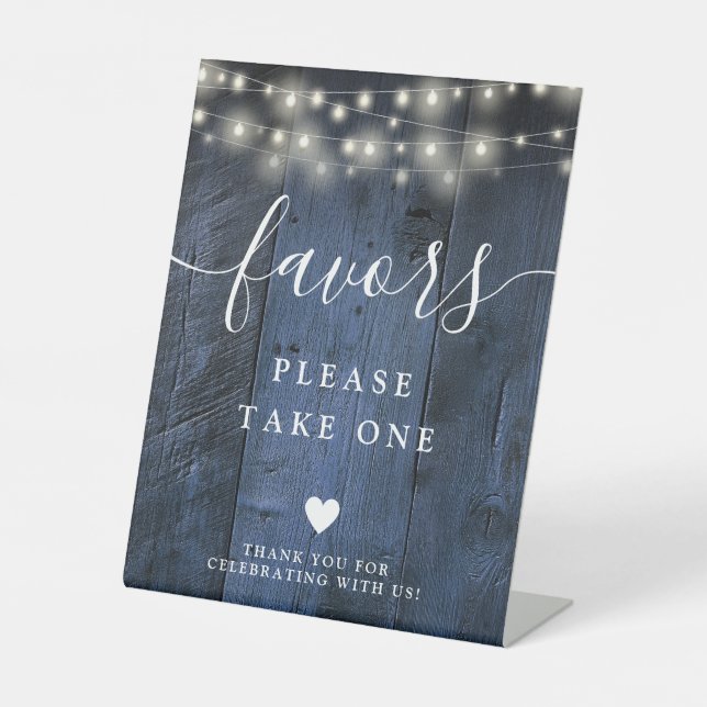 Blue Rustic Barn Wood String Lights Favours Pedestal Sign (Front)