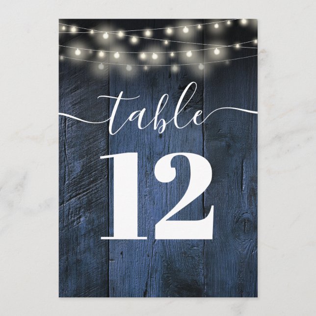Blue Rustic Barn Wood String Lights Table Numbers (Front)