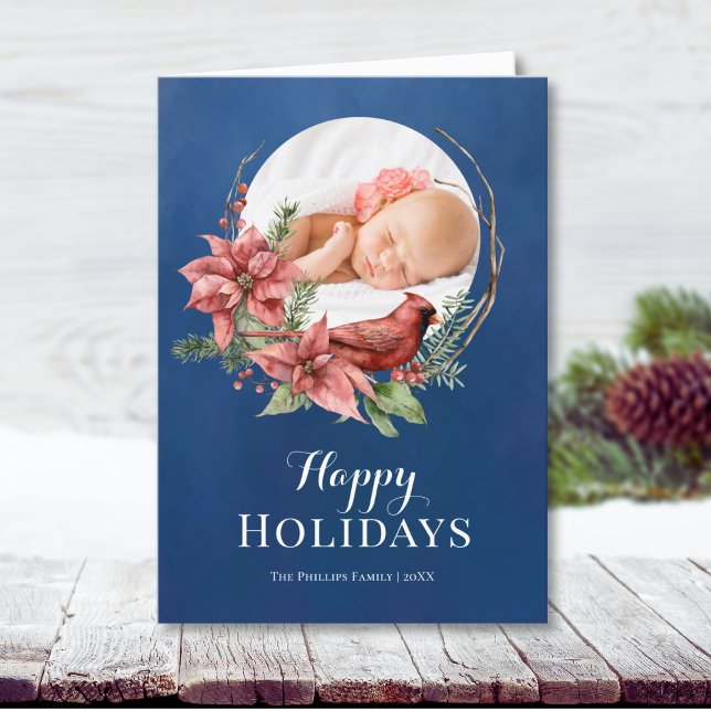 Blue Rustic Bird Wreath Christmas Holiday Card (Elegant blue photo template card "Happy Holidays" text, beautiful Poinsettia and Cardinal graphics)