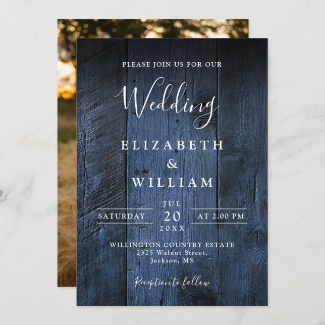 Blue Rustic Boho Barn Wood Photo Wedding Invitation (Front/Back)