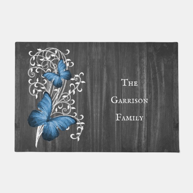 Blue Rustic Butterfly Personalised Doormat (Front)