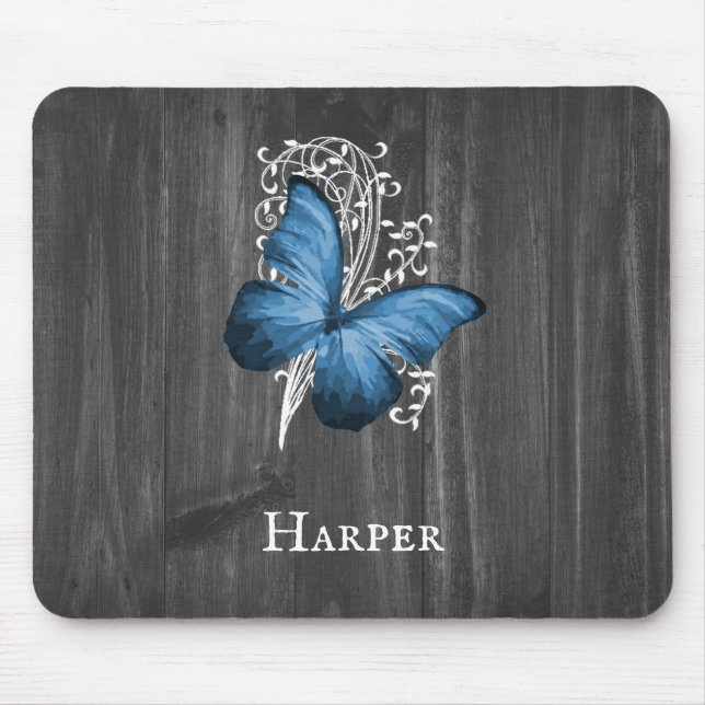 Blue Rustic Butterfly Personalised Mouse Pad (Front)