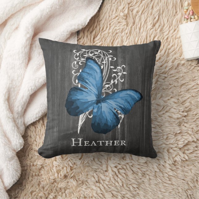 Blue Rustic Butterfly Personalised Throw Pillow (Blanket)