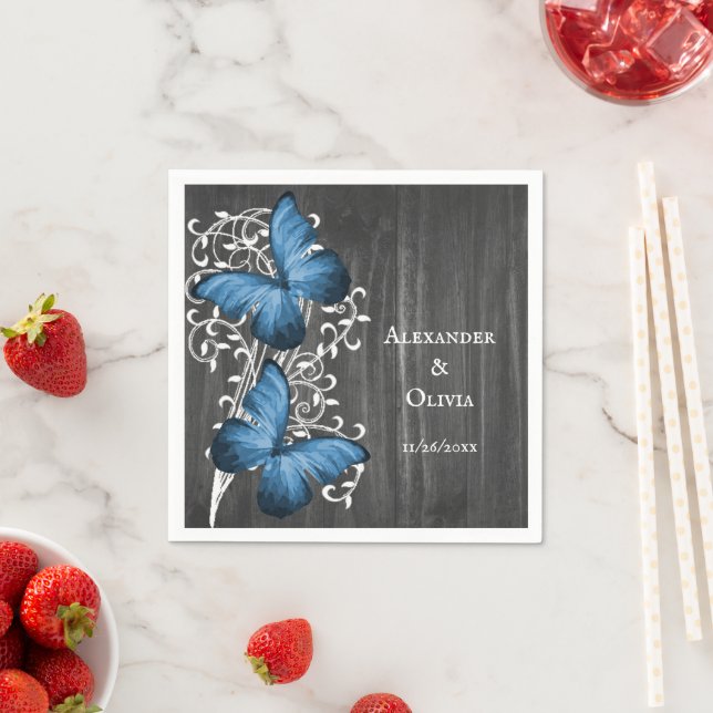 Blue Rustic Butterfly Wedding Napkin (Insitu)