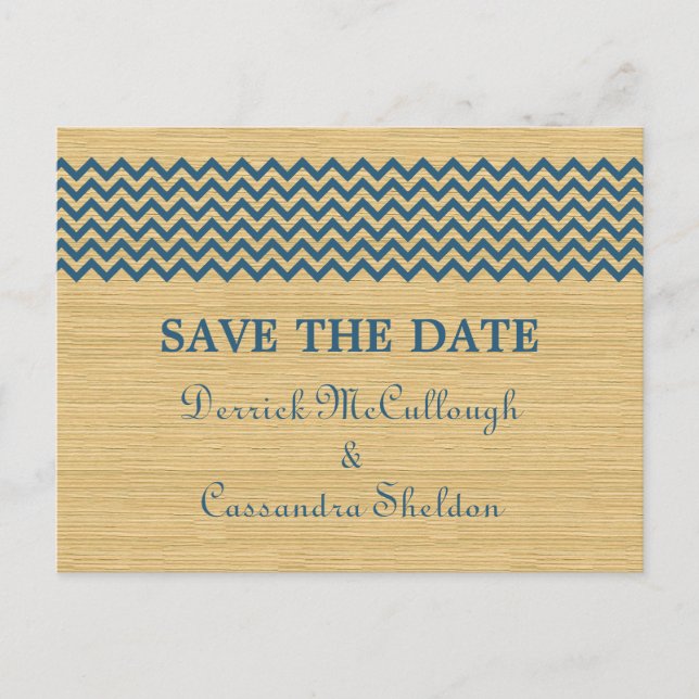 Blue Rustic Chevron Save the Date Postcard (Front)