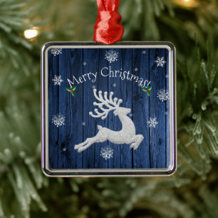 Blue Rustic Christmas Reindeer Ceramic Ornament