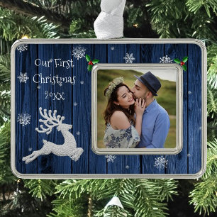 Blue Rustic Christmas Reindeer Framed First Silver Plated Framed Ornament