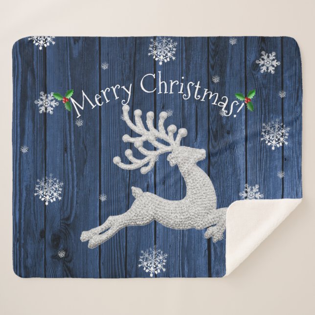 Blue Rustic Christmas Reindeer Sherpa Blanket (Front (Horizontal))