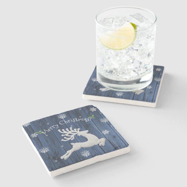 Blue Rustic Christmas Reindeer Stone Coaster (Side)