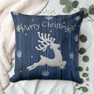 Blue Rustic Christmas Reindeer Throw Pillow