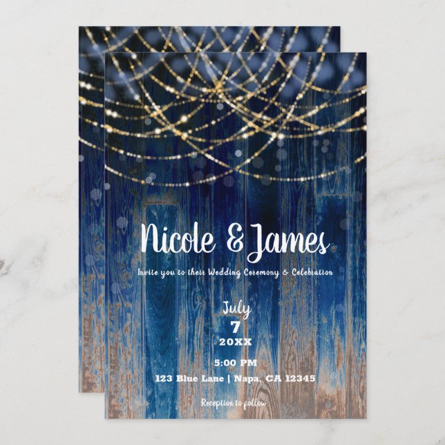 Blue Rustic Coastal Barn Wood Bokeh Light Wedding Invitation (Front/Back)