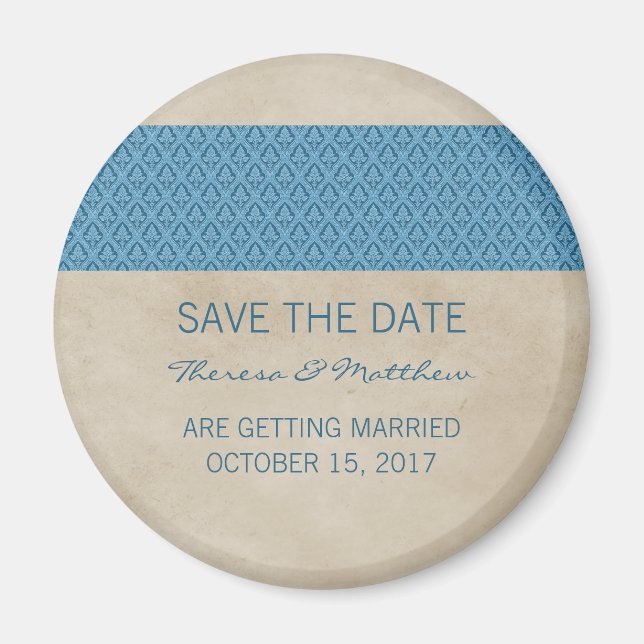 Blue Rustic Damask Save the Date Magnet (Front)