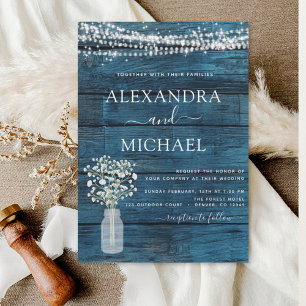 Blue Rustic Farmhouse Baby's Breath Jar Wedding Invitation