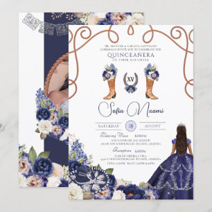 Blue Rustic Floral Charro Photo Quinceañera Invitation