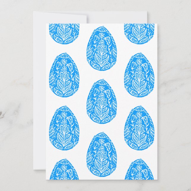 Blue Rustic Floral Easter Egg Linocut Invitation (Front)