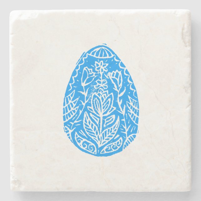 Blue Rustic Floral Easter Egg Linocut Stone Coaster (Front)